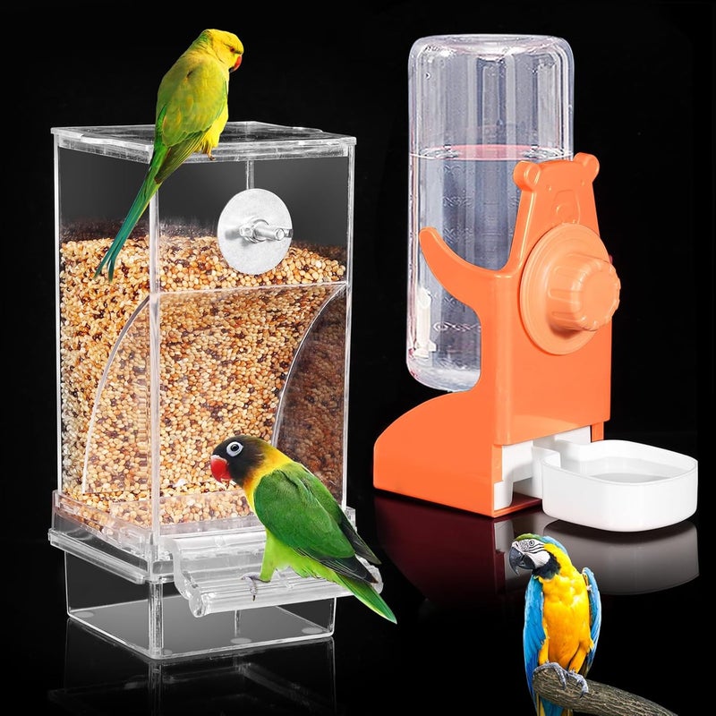 Kenond No Mess Bird Feeder for Cage, Automatic Drinker for Parakeet, Canary & Budgies (Orange) - Image 1